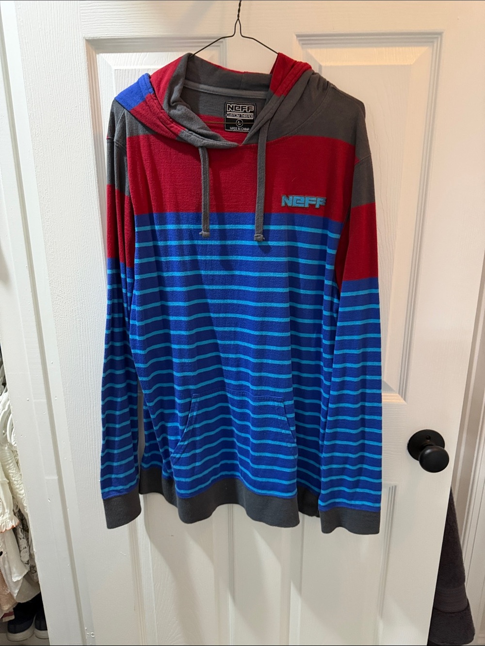 Neff Men's Red, Blue & Gray Striped Pullover Hoodie